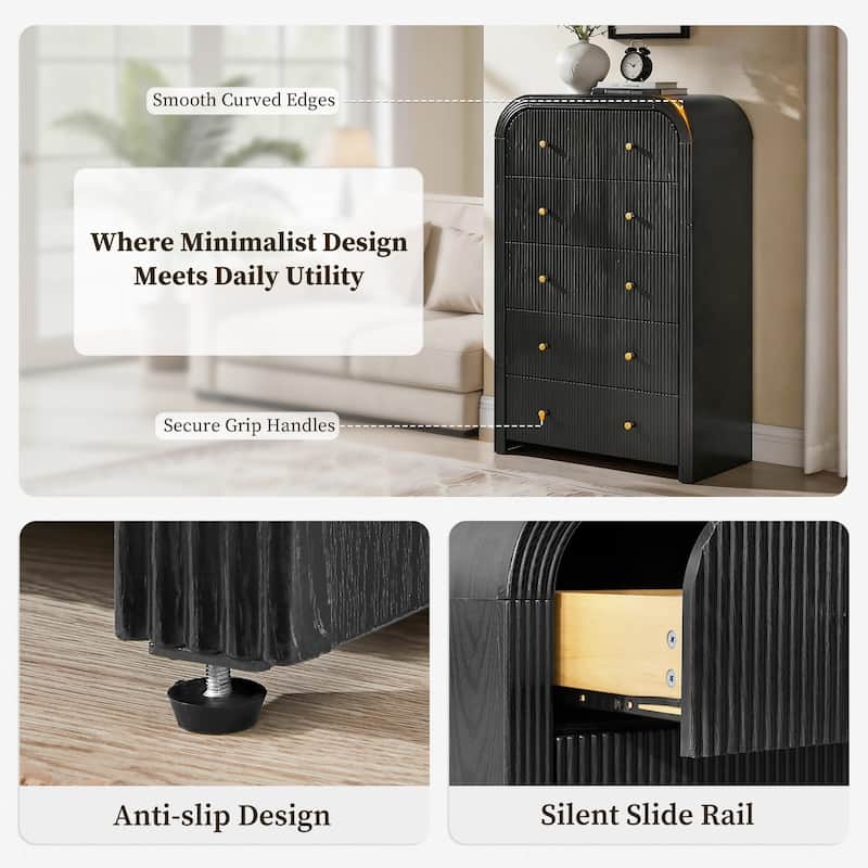 Modern Fluted 5 Drawers Dresser, Wood Chest of Drawers for Bedroom