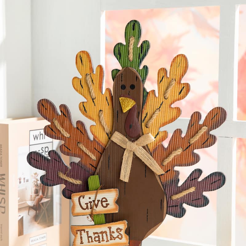 Glitzhome Thanksgiving Wooden Turkey Wall Hanging or Table Decor