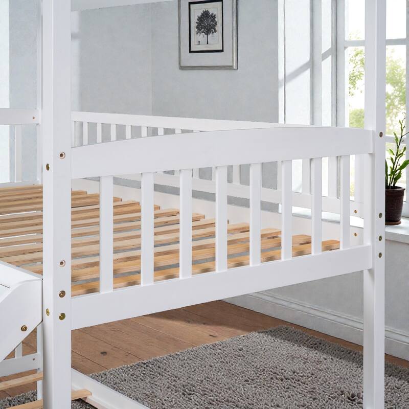 Twin Over Twin House Bunk Bed with Slide, Solid Wood Frame, Safety Rails, Space-Saving Kids Bed