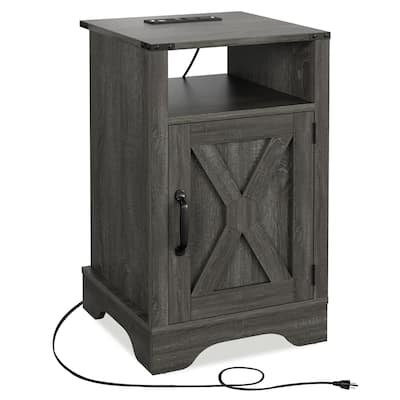 Farmhouse Nightstand with Charging Station,With USB Ports and 2 Plug Sockets,Side Table with Barn Door and Shelves