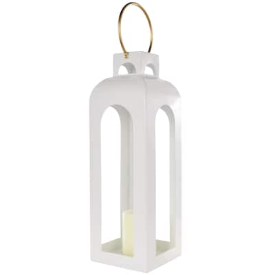 Metal Tall Arched Cutout Indoor Outdoor Candle Lantern with Gold Handle - White - Roche River Decor