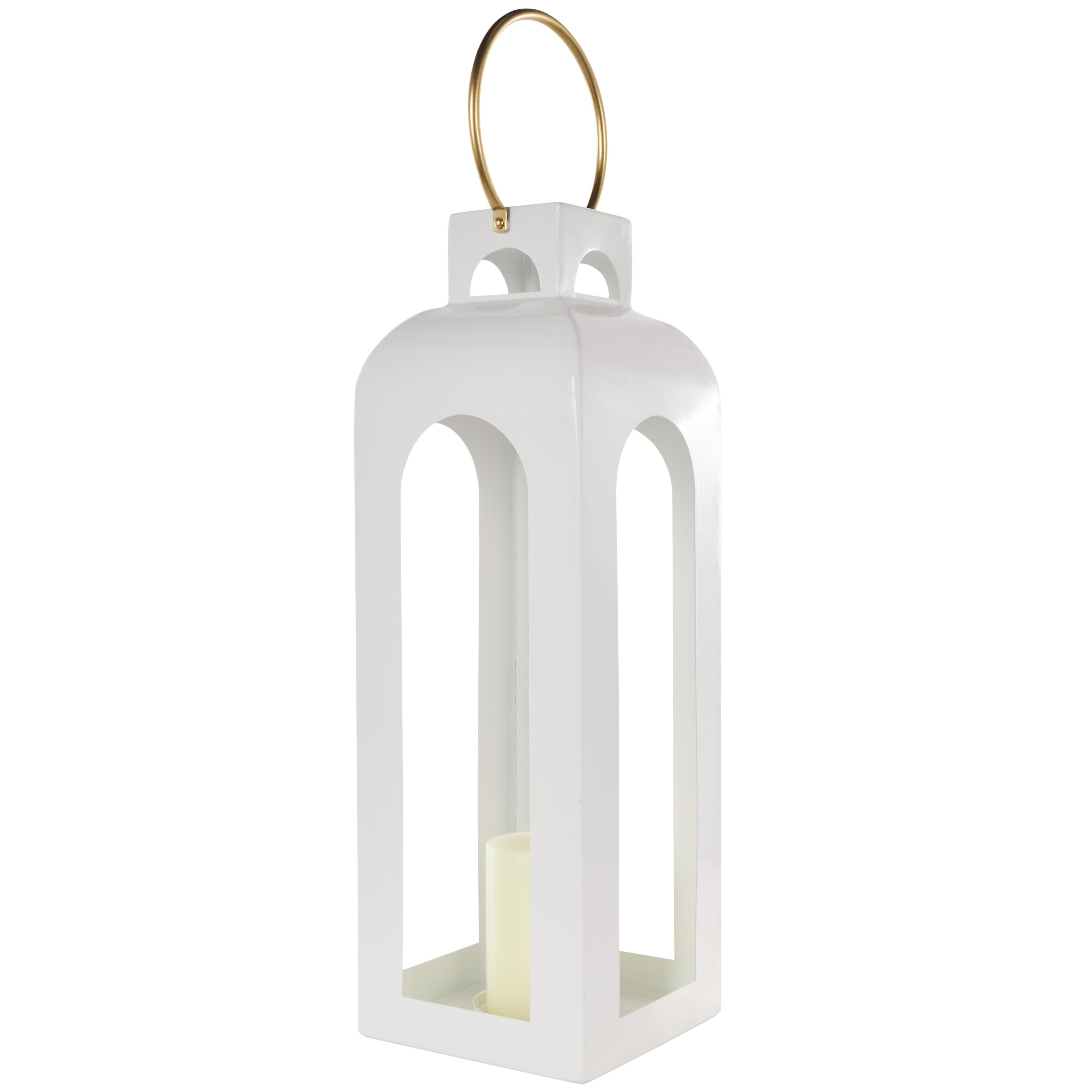 Roche River Decor - Metal Tall Arched Cutout Candle Lantern with Gold Handle - White