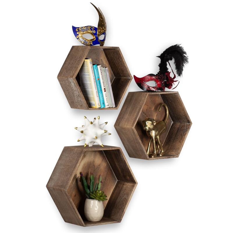 Rustic State Wall Mount Hexagon Wooden Box Shelf Varying Sizes - Pack of 3