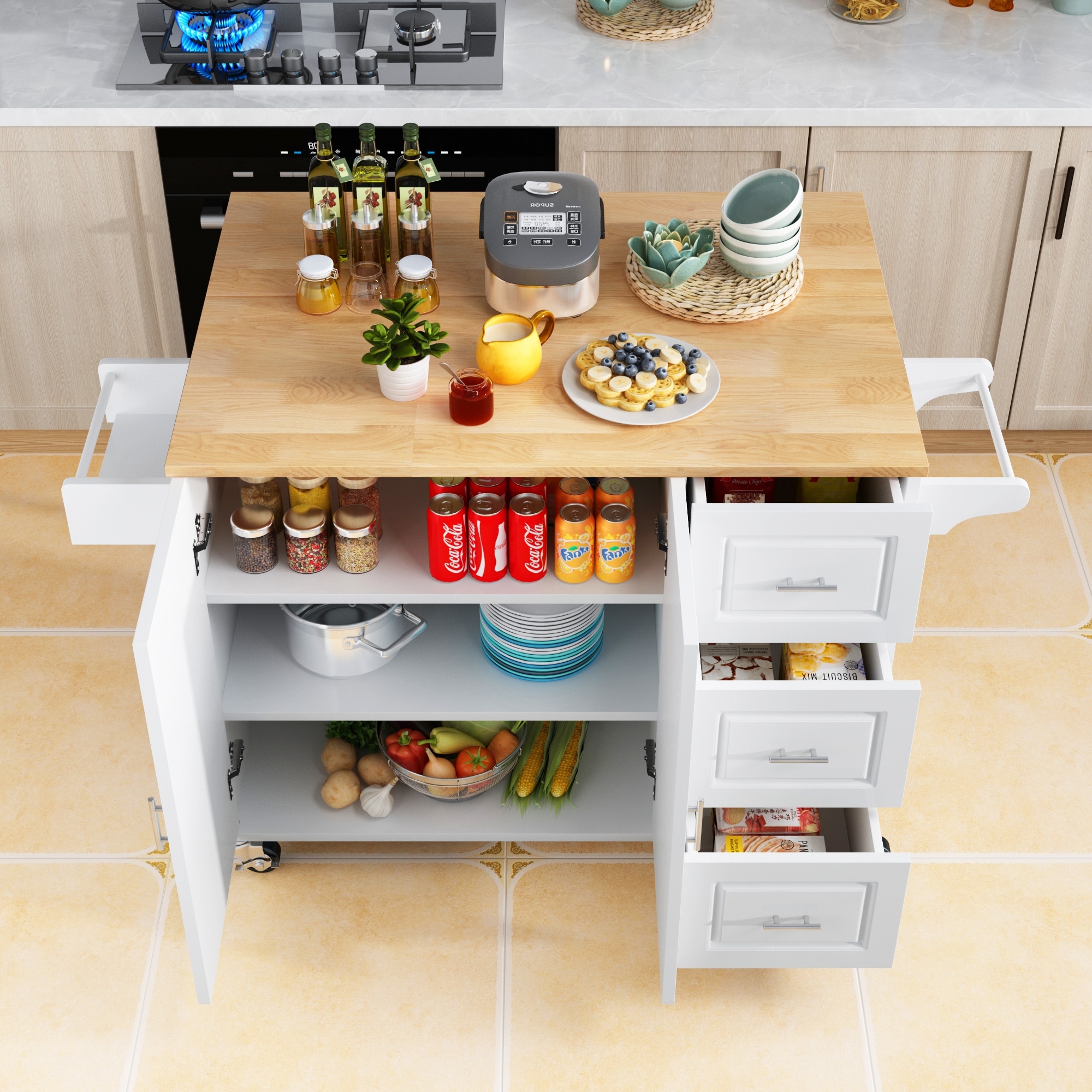 Mobile Kitchen Island with Extensible Rubber Wood Table Top - On