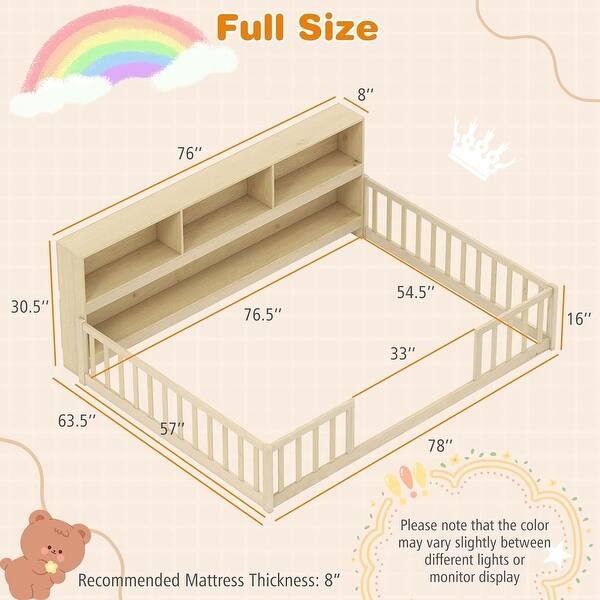 Full Size Wooden Bed Montessori Bed Frame w/ Storage Shelves