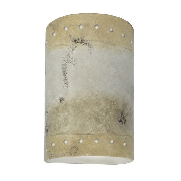 slide 2 of 2, Justice Design Ambiance - Small Cylinder w/ Perfs Wall Sconce - Open Top & Bottom (Outdoor) - Replaceable Bulb Greco Travertine