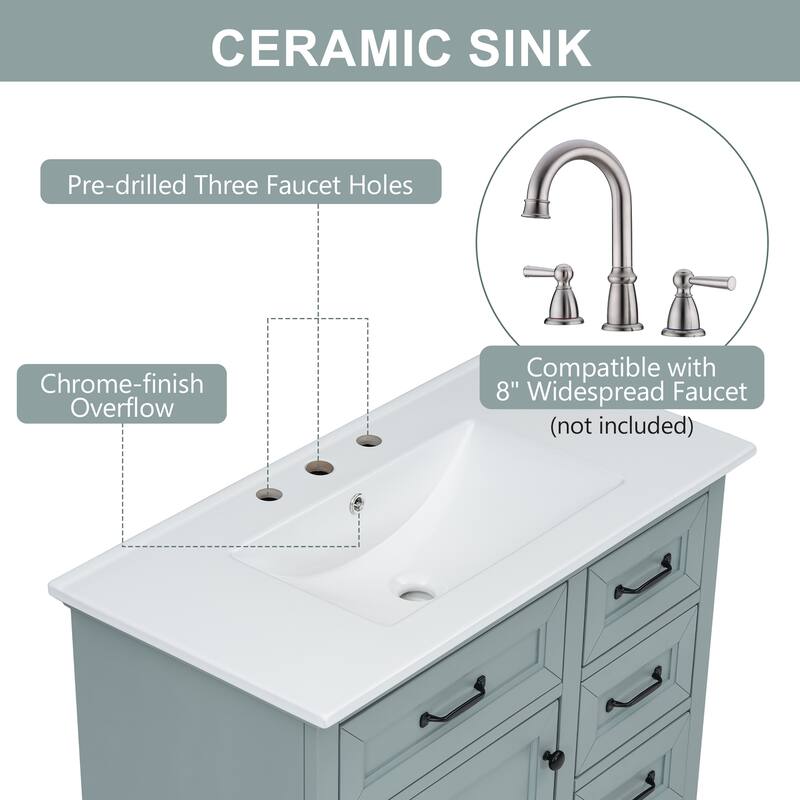 36" Freestanding Bathroom Vanity with Ceramic Sink, Adjustable Shelf, and Soft-Close Doors