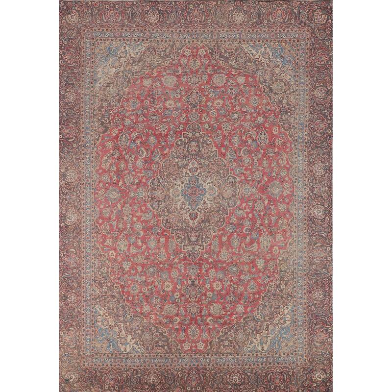 Traditional Pink Kashan Persian Vintage Rug Hand-Knotted Wool Carpet - 9'0"x 11'9" - Pink - 9'0"x 11'9"