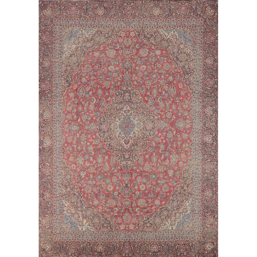 Traditional Pink Kashan Persian Vintage Rug Hand-Knotted Wool Carpet - 9'0"x 11'9"