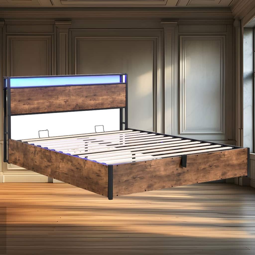 Queen Size Lift-Up Storage Bed Frame with Bookcase Headboard, LED Lights & Charging Station, No Box Spring Required