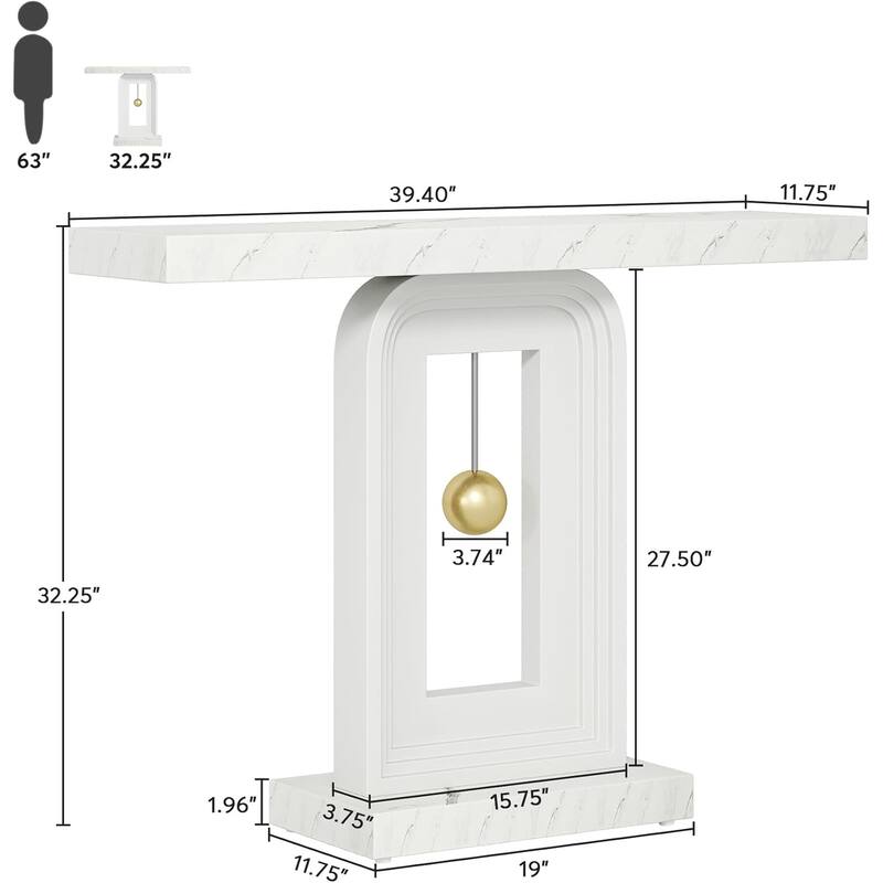 40" Faux Marble White Modern Console Table, Narrow Entryway Sofa Table with Geometric Gold Base for Hallway