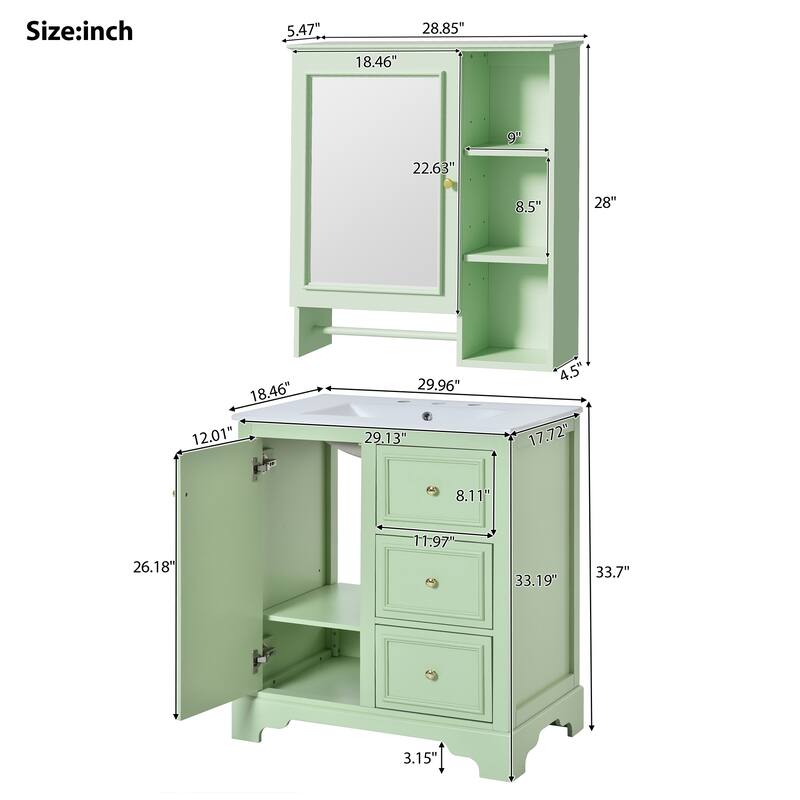 30-inch bathroom vanity with sink,with 3 drawers,adjustable shelves,freestanding vanity set with mirror cabinet,single sink