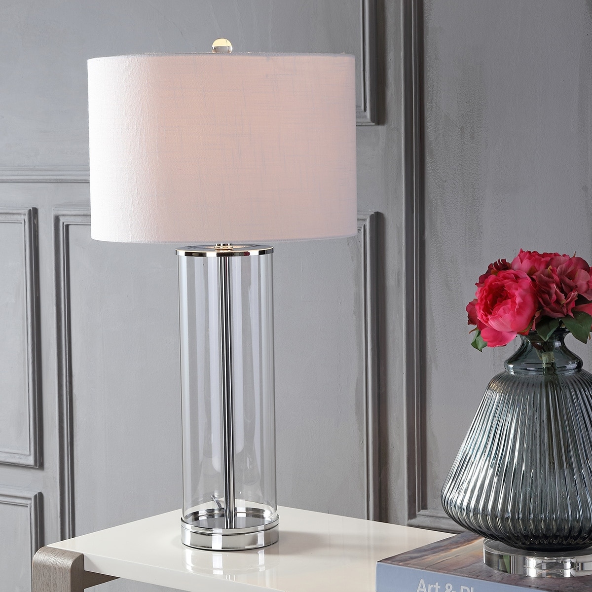 JONATHAN Y Parish 29" Glass LED Table Lamp, Clear/Chrome