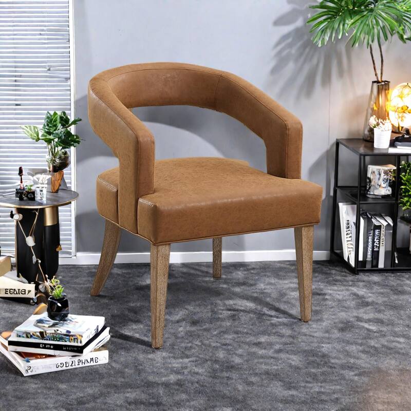 PU Modern Barrel Accent Chair with Wooden Legs, High-Density Sponge Cushion, and Open Back Design - Brown