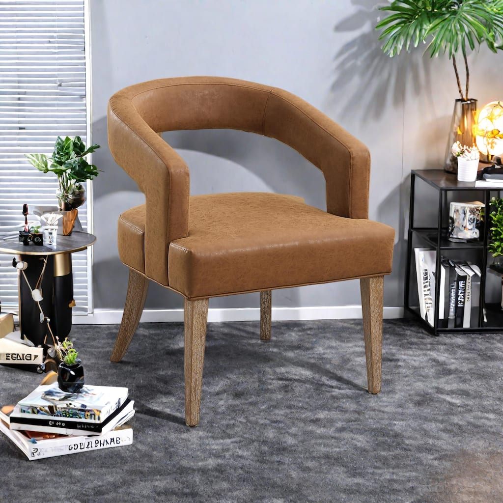 PU Modern Barrel Accent Chair with Wooden Legs, High-Density Sponge Cushion, and Open Back Design