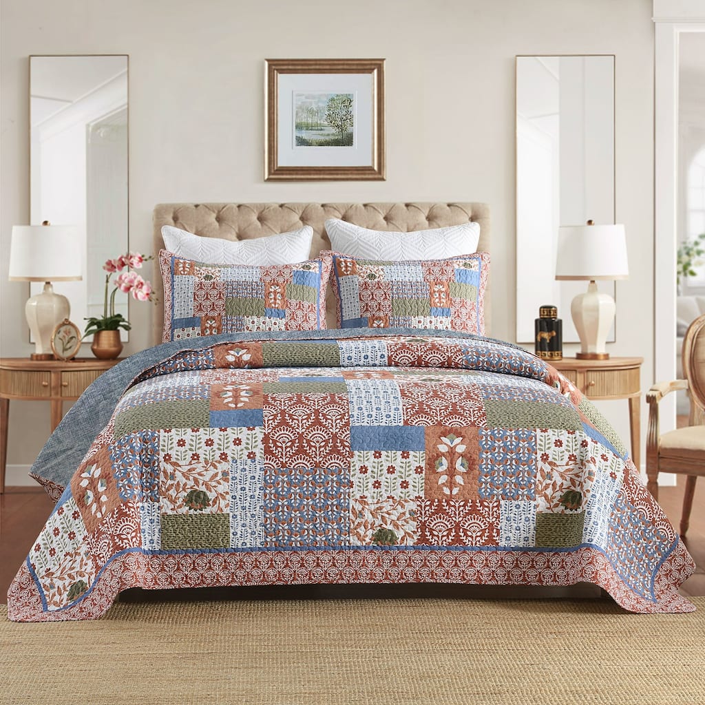 3 Pcs Floral Patchwork Quilt Bedspread Set