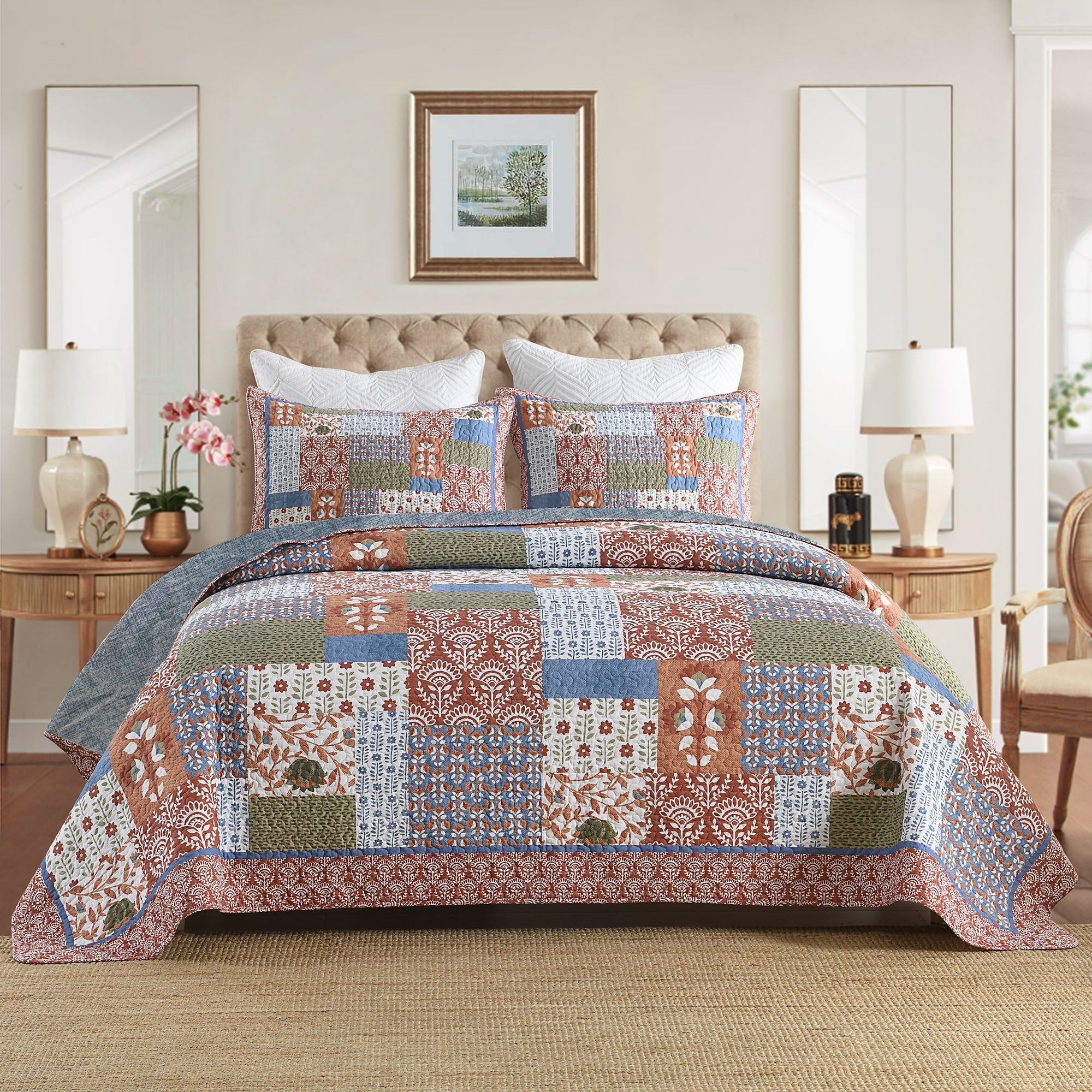 MarCielo 3 Pcs Polyester Floral Patchwork Quilt Bedspread Set