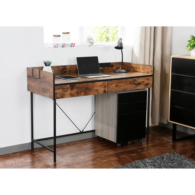 JJS 48" Home Office Computer Laptop Desk with Drawers, Modern Wooden Compact Study Writing Desk with Privacy Panel and Storage