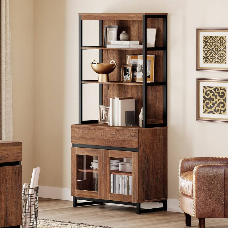 Modern 72" Tall Bookcase with Drawer and Open Book Shelfs for Home Office, Living room.
