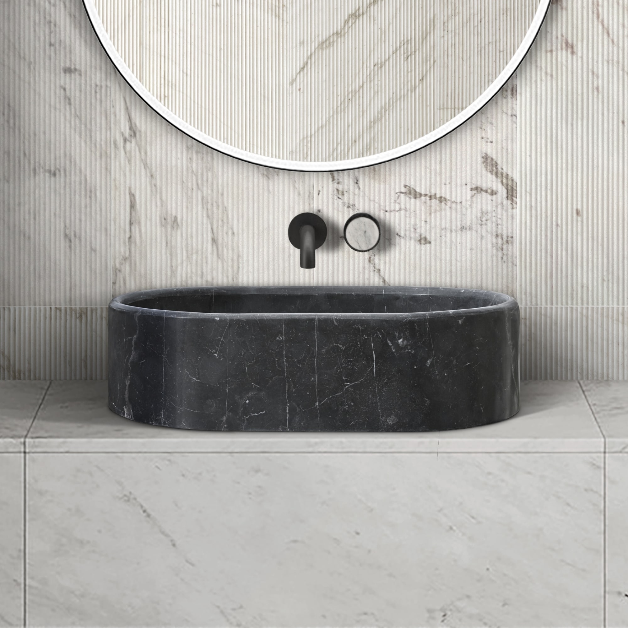 Roomfitters Marble Bathroom Vessel Sink, Natural Stone Countertop Wash Basin, Oval Matte Vanity Bowl, Dark Grey