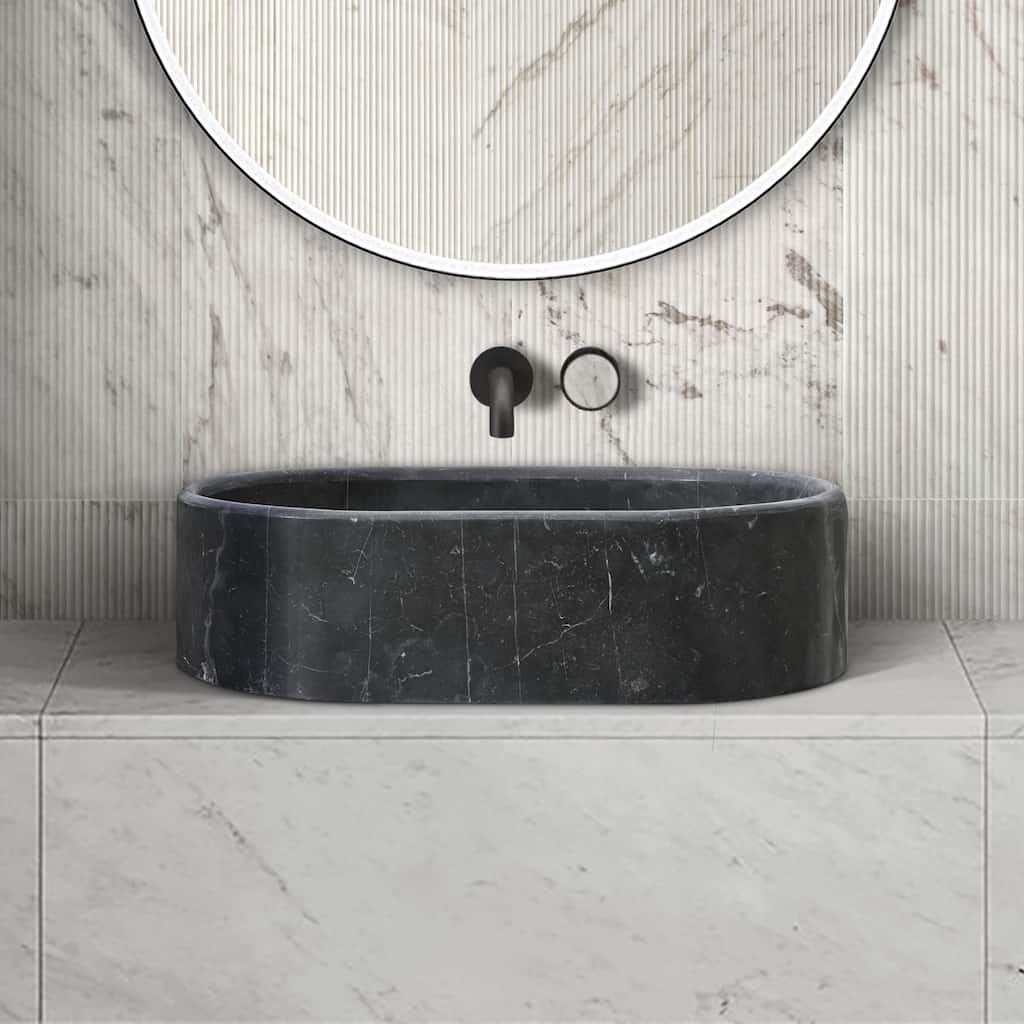 Roomfitters Marble Bathroom Vessel Sink, Natural Stone Countertop Wash Basin, Oval Matte Vanity Bowl, Dark Grey