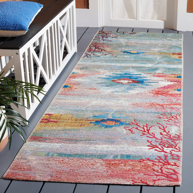 SAFAVIEH Barbados Santos Tropical Indoor/ Outdoor Waterproof Patio Backyard Rug - Light Blue/Pink - 2'8" x 10'5" Runner