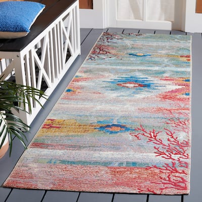 SAFAVIEH Barbados Santos Tropical Indoor/ Outdoor Waterproof Patio Backyard Rug - Light Blue/Pink - 2'8" x 10'5" Runner