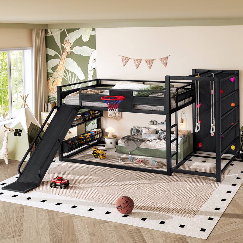 Full size metal loft bed with basketball hoop, pull-up rings, climbing wall, and built-in bookshelves