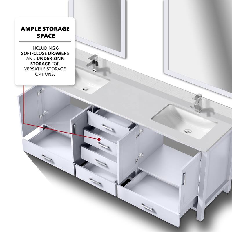 Jacques 80 in. W x 22 in. D White Double Bath Vanity, White Quartz Top, Faucet Set, and 30 in. Mirrors