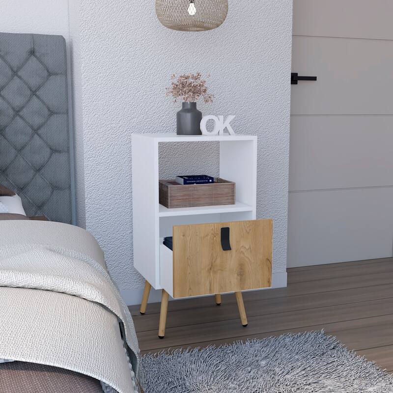 Modern Nightstand with Drawer and Open Storage, White / Macadamia