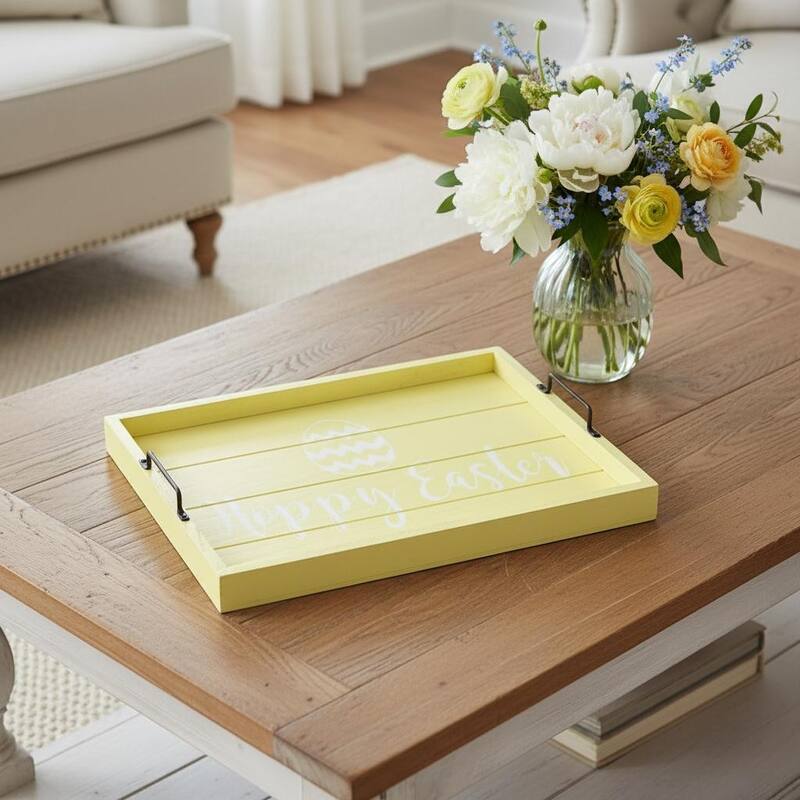 HomeRoots 16" Yellow And White Happy Easter Serving Tray With Handles - 15.50 in. x 2.25 in. x 12.00 in. - Yellow/White - 15.50 in. x 2.25 in. x 12.00 in.