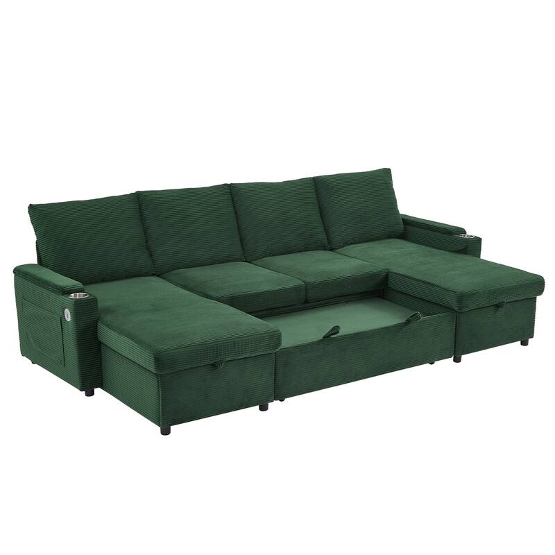 Roomfitters Convertible Sofa Bed 109.5" U-Shaped Sectional Upholstered Sofa with Storage Chaise, Cup Holders and USB Ports