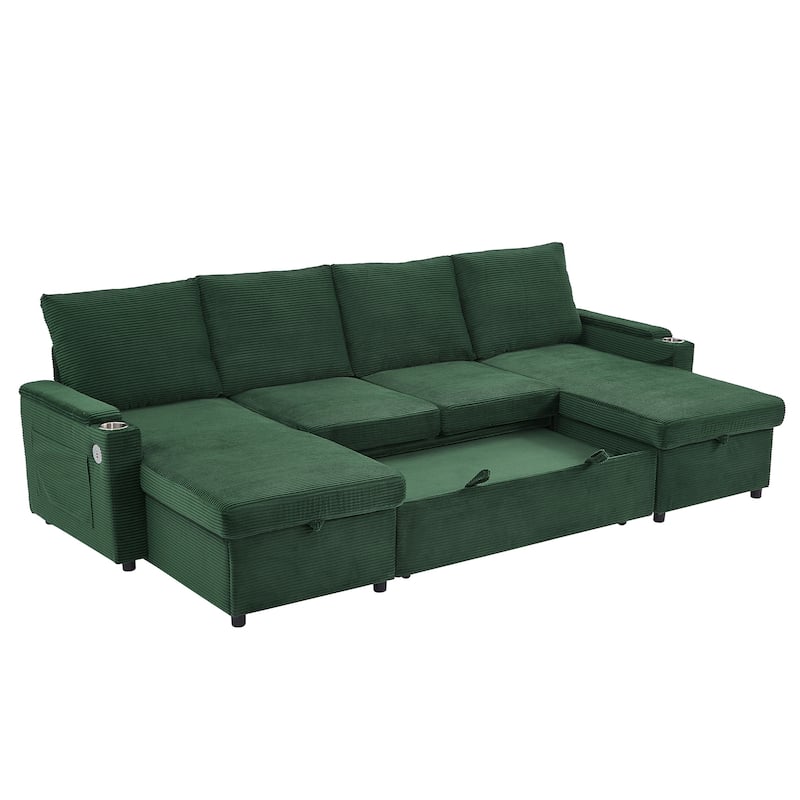 U-Shaped Sectional Sofa Convertible Sleeper Sofa with Dual Storage Chaise Lounges, Cup Holders, USB, Storage Boxes and Pockets