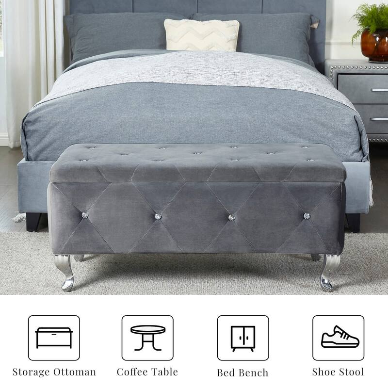 Gray Velvet Upholstered Flip-Top Storage Bench with Crystal Buttons for Bedroom, Living Room, Entryway
