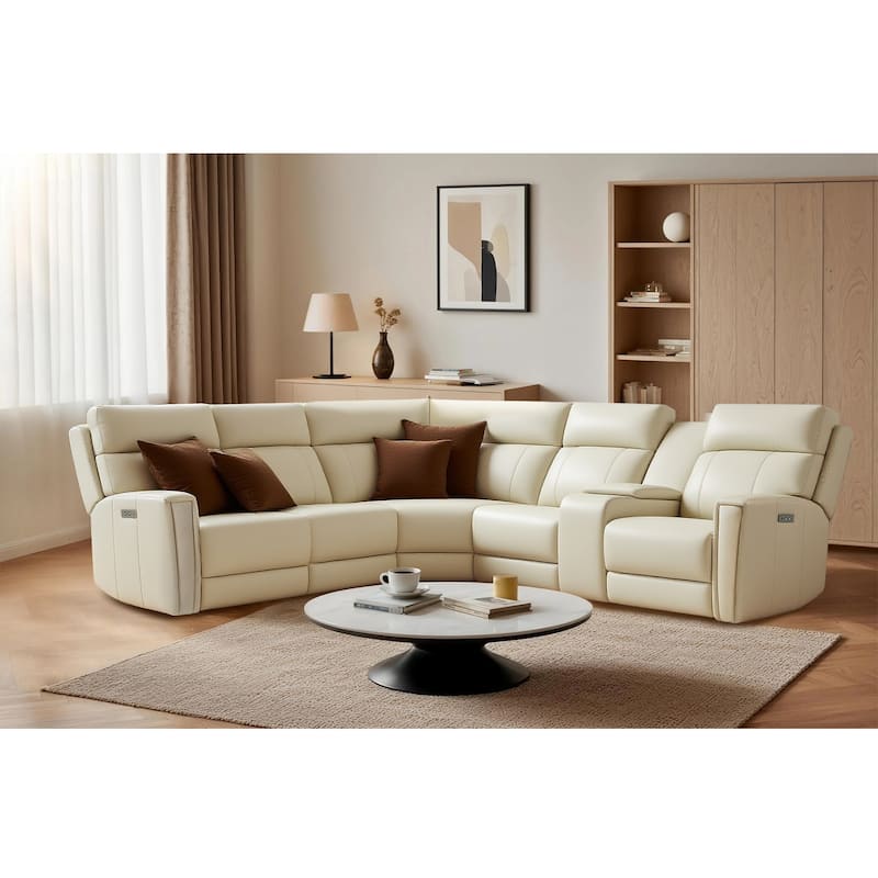 6PCS, 3 power Recliners, Genuine Leather Reclining Sectional with Power headrest, Zero Gravity - Cream