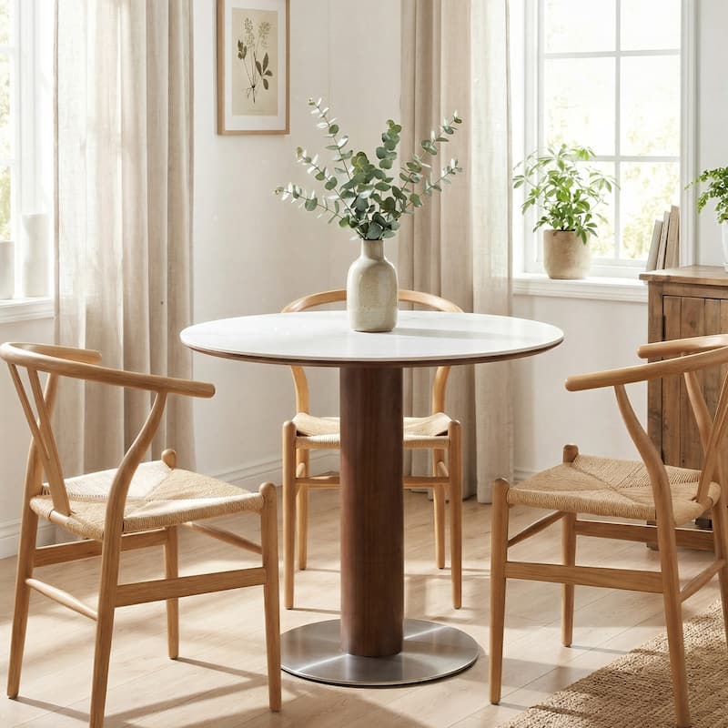 31.5 Inch Round Dining Table for 2-4, Solid Wood Circle Kitchen Table with Stainless Steel Pedestal, Sintered Stone Top