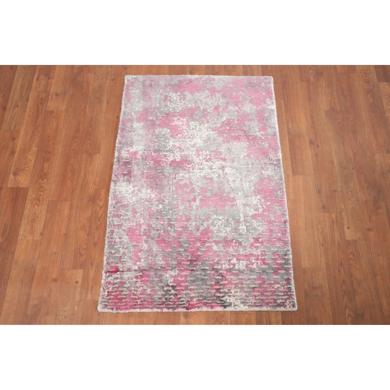 Hand Knotted Oriental Viscose Silk Carpet Modern All-Over Pink Abstract Area Rug - 3' 0'' X 2' 0''