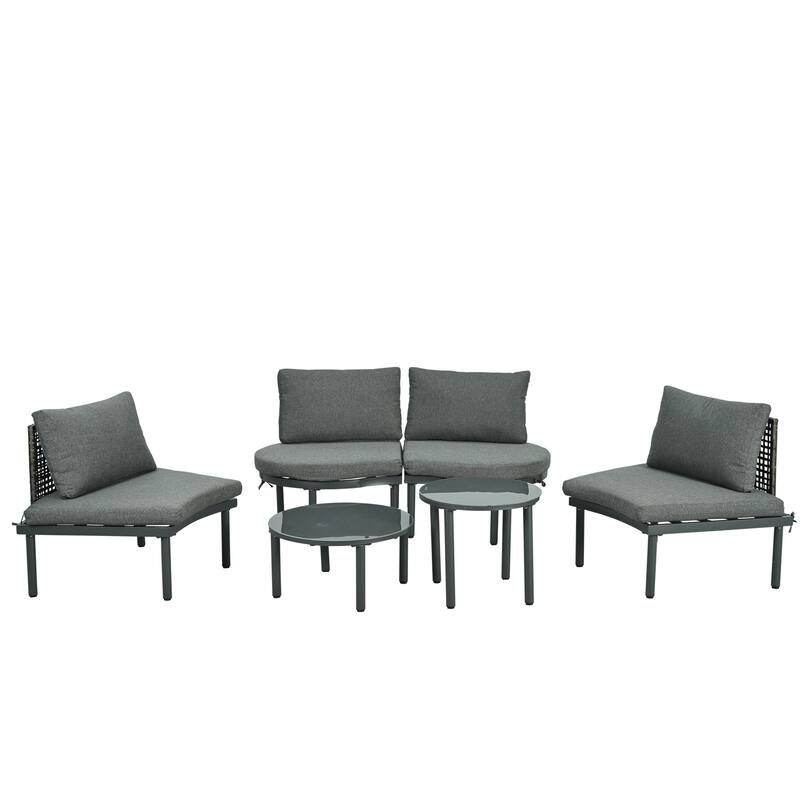 6-Piece Patio Sofa Furniture Set, Outdoor Sectional Sofa with 2 High-Low Coffee Tables, Tempered Glass, 4 Pillows & Cushions