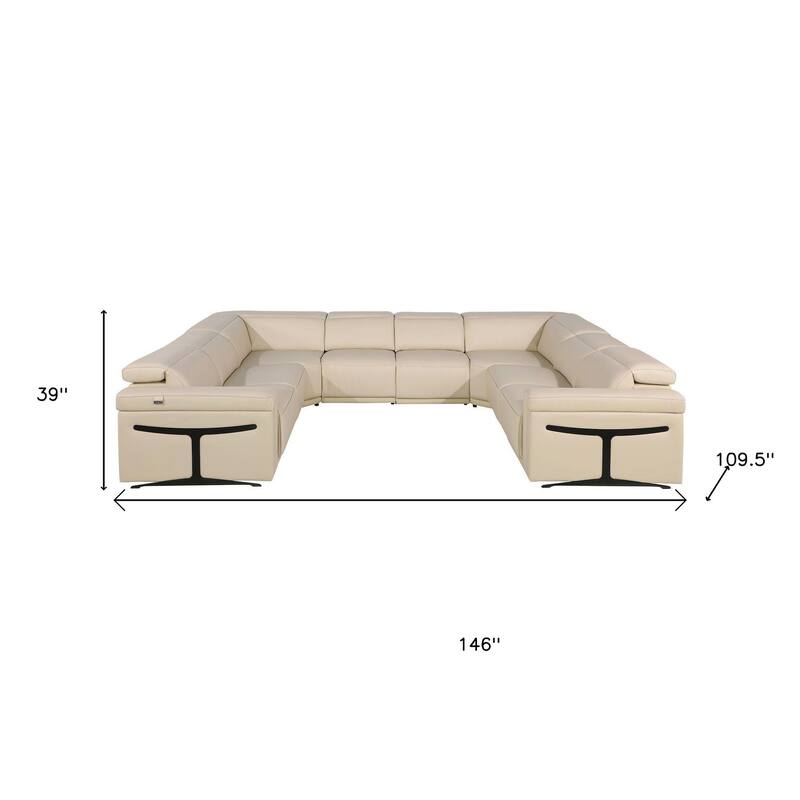 HomeRoots Beige Italian Leather Power Reclining U Shaped Eight Piece Corner Sectional With Console