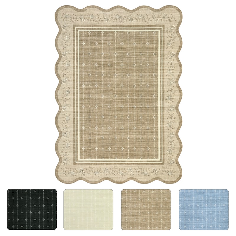 Garvee Scalloped Rose Floral Bordered Area Rug