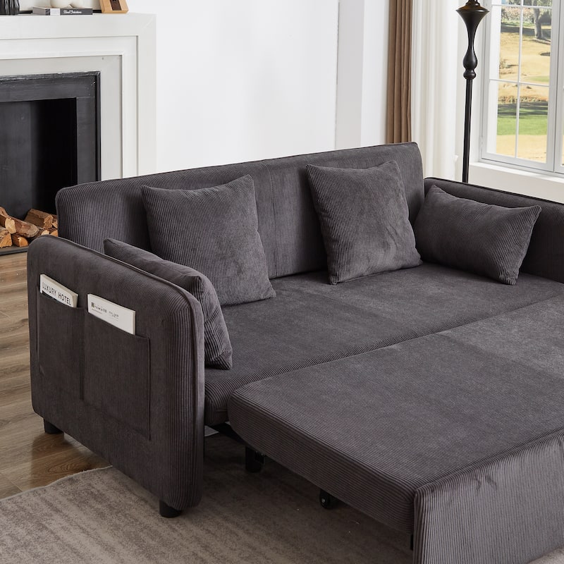 3-in-1 Pull Out Sleeper Sofa Bed, Convertible Corduroy Loveseat Couch with Casters, 4 Pillows and Side Pockets for Living Room