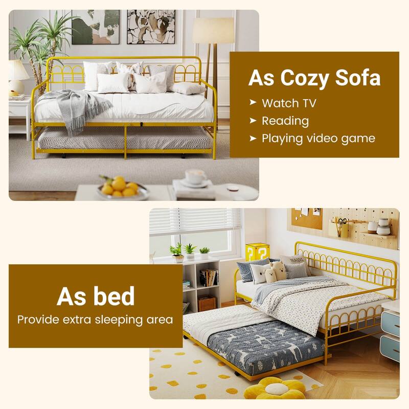 Costway Twin Daybed with Trundle Curved Backrest & Armrests Heavy-duty