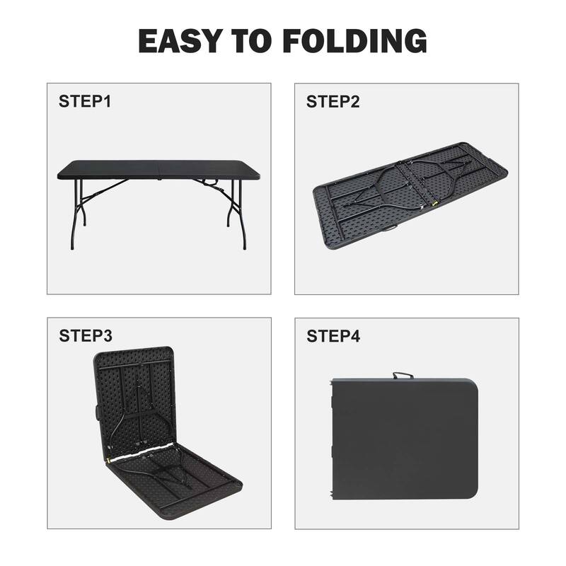Black Plastic Folding Table, Rectangular Patio Table with Steel Tube Legs and Carry Handle