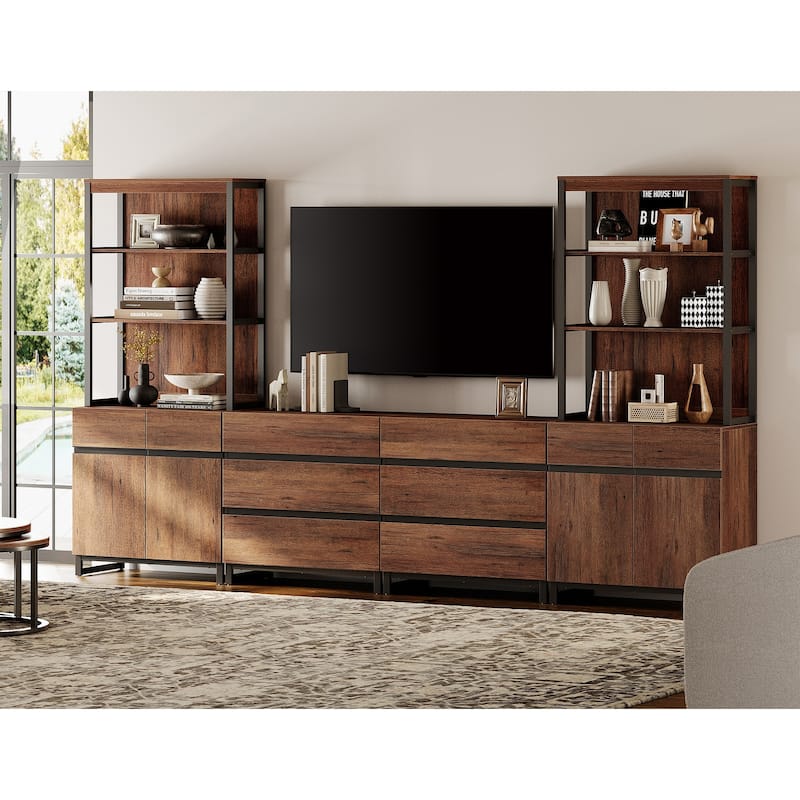 WAMPAT Modern TV Stand with 3 Tiers Bookshelf, Farmhouse Entertainment Center with 2 Storage Cabinets and 6 Drawers