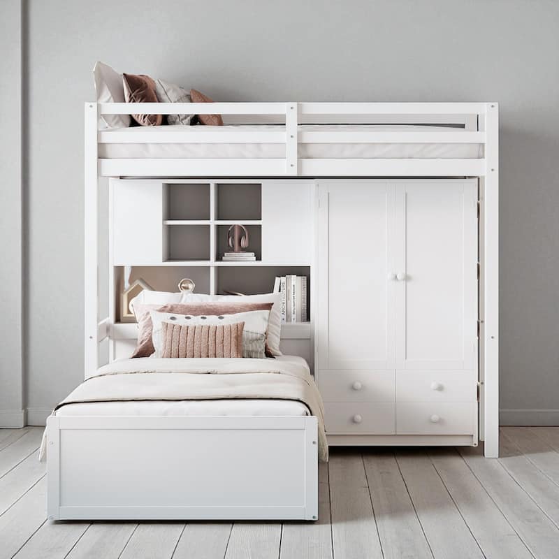 Twin Bunk Bed with Drawers, Wardrobe, Shelves and Hydraulic Lift Storage, Space Saving Bed for Kids Teens