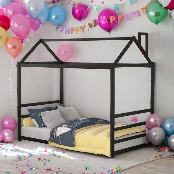slide 2 of 18, Kids and Baby Twin Size Playful House Platform Bed With Roof And Chimney
