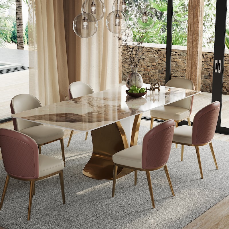 Modern Faux Marble Dining Table with Gold Stainless Steel V-Legs Rectangle 78 in. - 71*35 - White