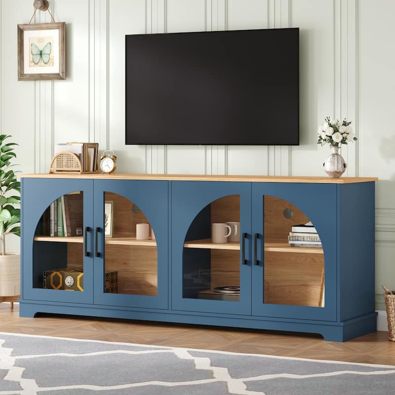 Farmhouse TV Stand with Semi-Arched Glass Doors for TVs Up to 70",Adjustable Shelves,Wood Grain Sideboard with Cable Management - Blue