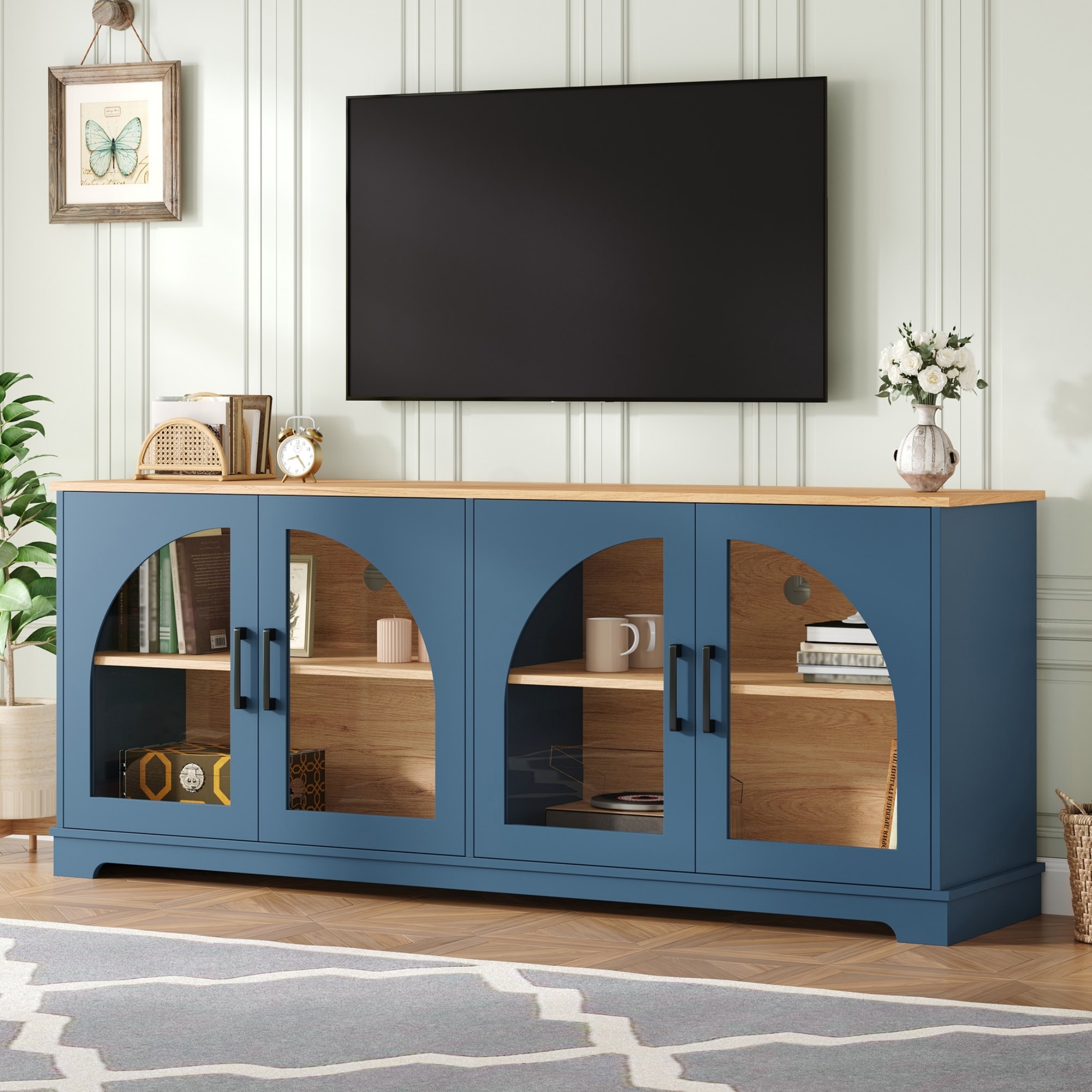 Farmhouse TV Stand with Semi-Arched Glass Doors for TVs Up to 70",Adjustable Shelves,Wood Grain Sideboard with Cable Management