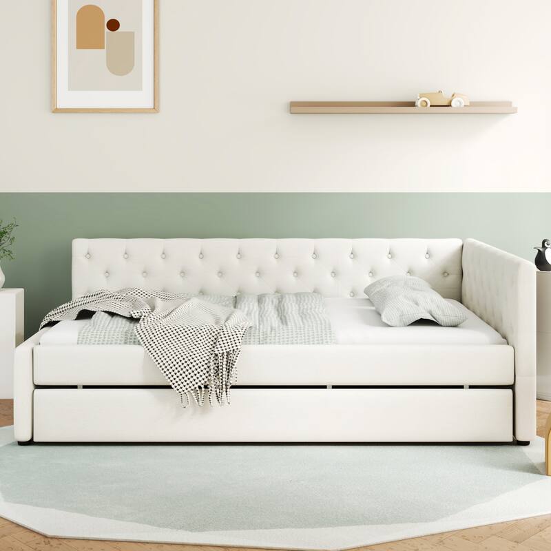 Full XL Size Upholstered Platform Bed Frame with Trundle, Elegant Tufted Button Design and Extra Sleeping Space for Bedroom